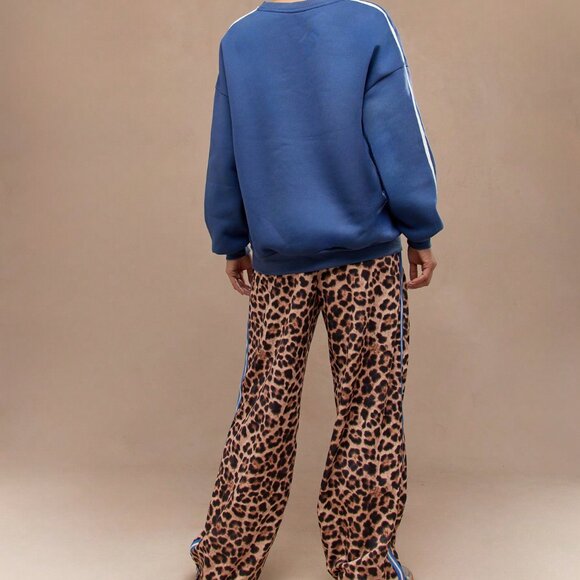 Multicolor Women's Leopard Print Side Stripe Wide Leg Pants With Drawstrings Wea - Picture 2 of 4